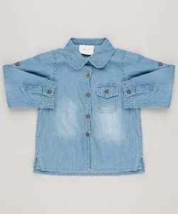 Camisa Jeans Infantil com Bolso Manga Longa Azul Claro 2