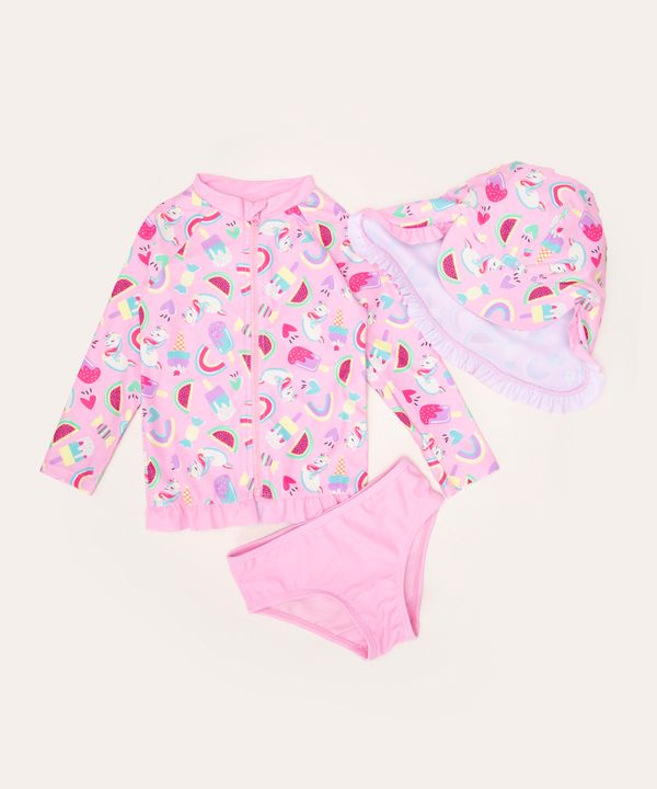 conjunto de praia infantil chapéu unicórnio com chapéu e proteção uv50 multicor 5