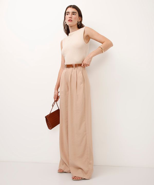 calça wide leg cintura alta com cinto bege 46