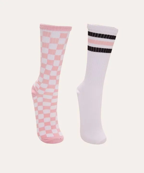 kit 2 pares de meias infantil cano alto listrada e quadriculada multicor 30-33