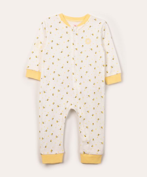 macacão infantil de algodão manga longa abelhinhas off white 12-18