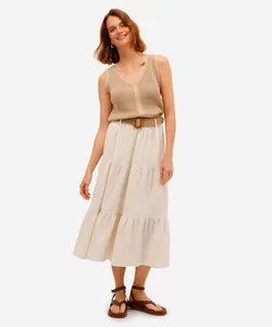 saia midi feminina com linho e cinto bege 40