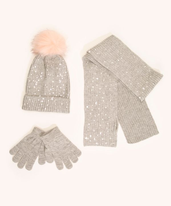 kit de gorro infantil de tricô + cachecol + luva cinza Único
