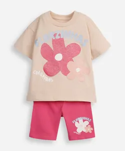 conjunto curto infantil de algodão florzinhas bege 4