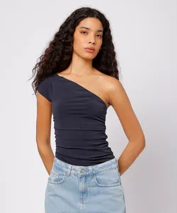 blusa ombro único feminina com franzido mindset preta G