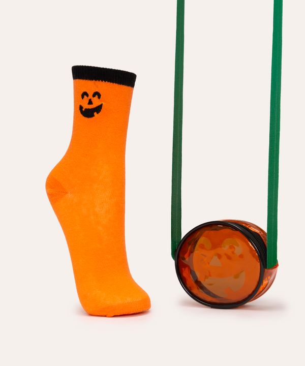 meia infantil cano alto halloween com bolsinha laranja 22-25