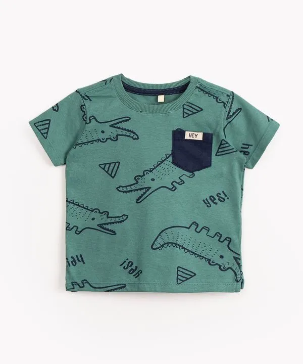camiseta infantil de algodão jacaré manga curta com bolso verde 1