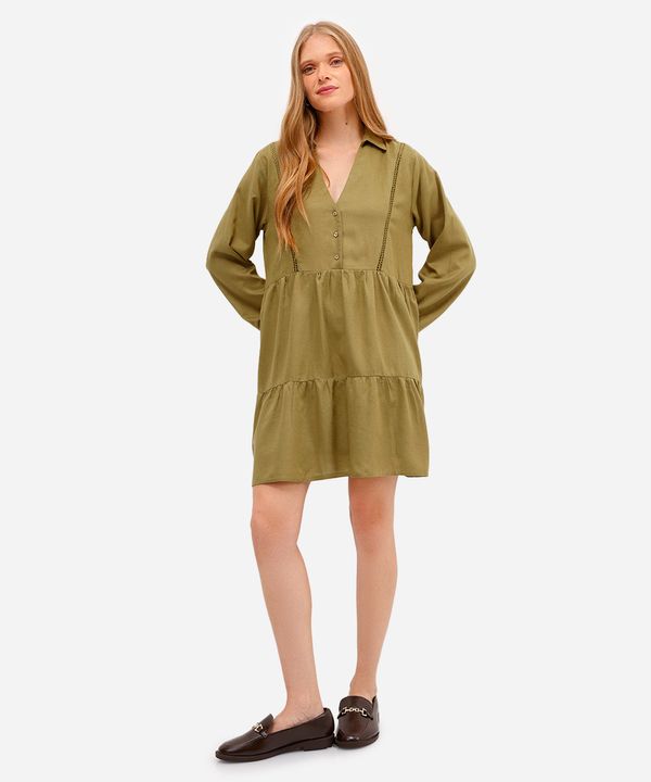 vestido com linho curto manga longa - verde médio M