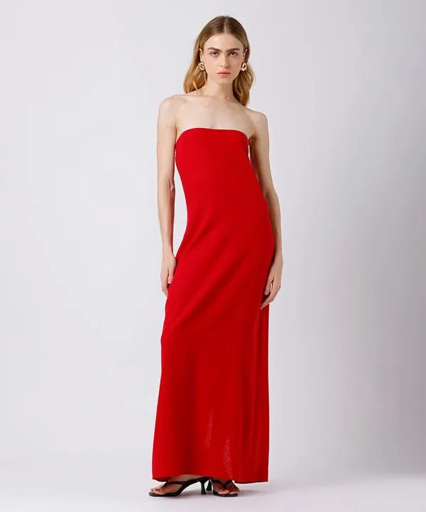 vestido longo sem alça feminino com linho e fenda mindset vermelho GG