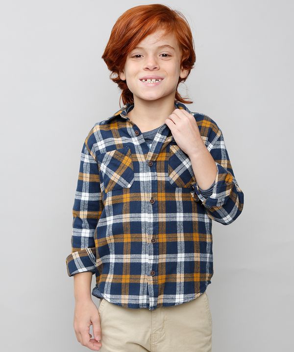 Camisa Infantil Estampada Xadrez Manga Longa Azul Marinho 8