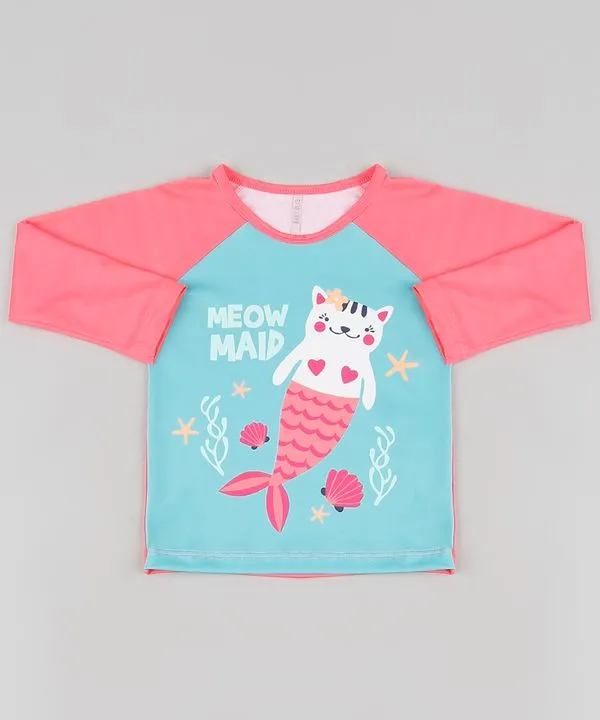 Blusa de Praia Infantil Raglan Gata Sereia Manga Longa com Proteção UV50+ Coral Neon 1