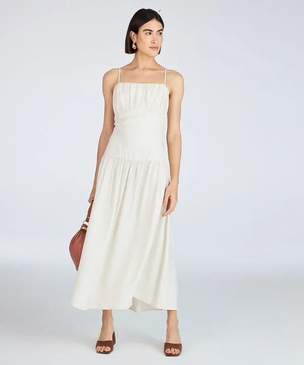 vestido midi feminino alça fina com recorte franzido bege G