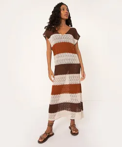 vestido de tricô longo com fenda marrom GG