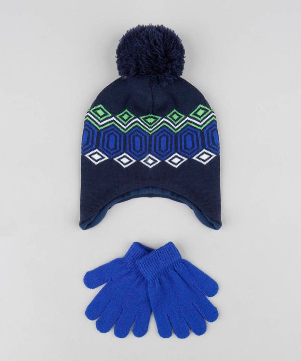 Kit de Gorro Infantil com Pompom + Luva em Tricô Azul Marinho Único