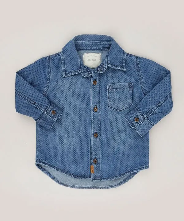 Camisa Jeans Infantil Estampada de Poá Manga Longa Azul Escuro 1