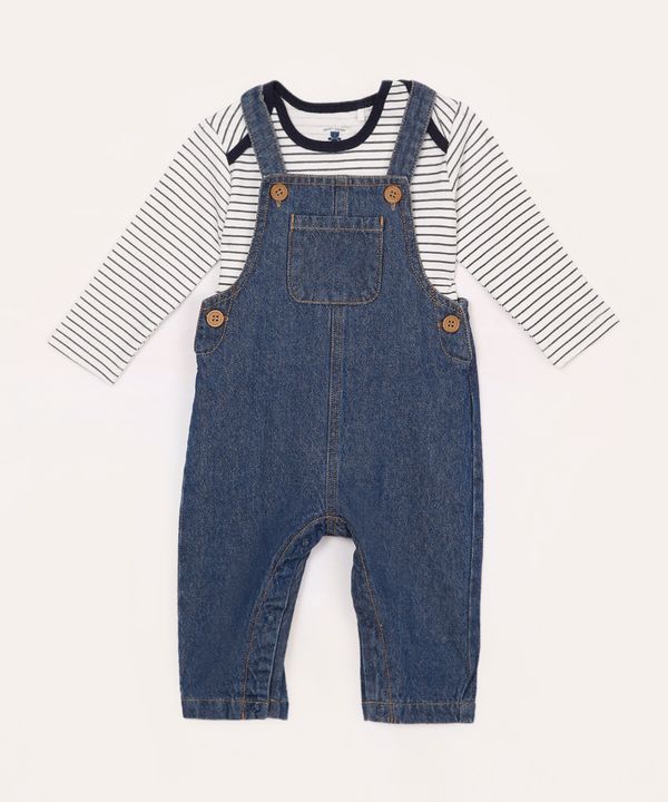 jardineira jeans infantil com camiseta azul marinho 6-9