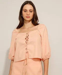 Blusa com Linho e Amarração Manga Bufante Decote Reto Rosa P