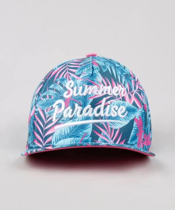 Boné Infantil Aba Reta Estampado de Folhagem com Bordado "Summer Paradise" Verde Escuro P