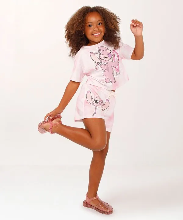 conjunto curto infantil de algodão lilo e stitch rosa 12
