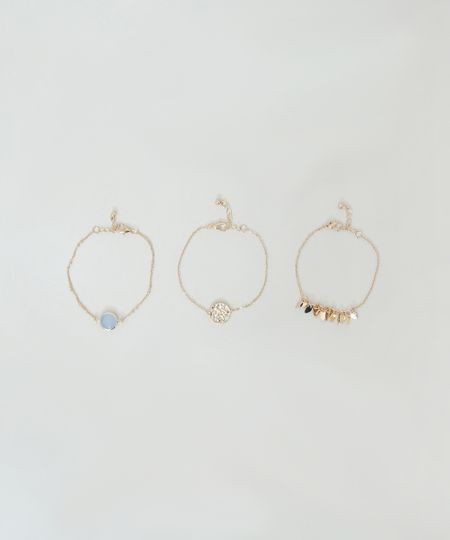 Kit de 3 Pulseiras Femininas com Folhas e Medalha Dourado Único