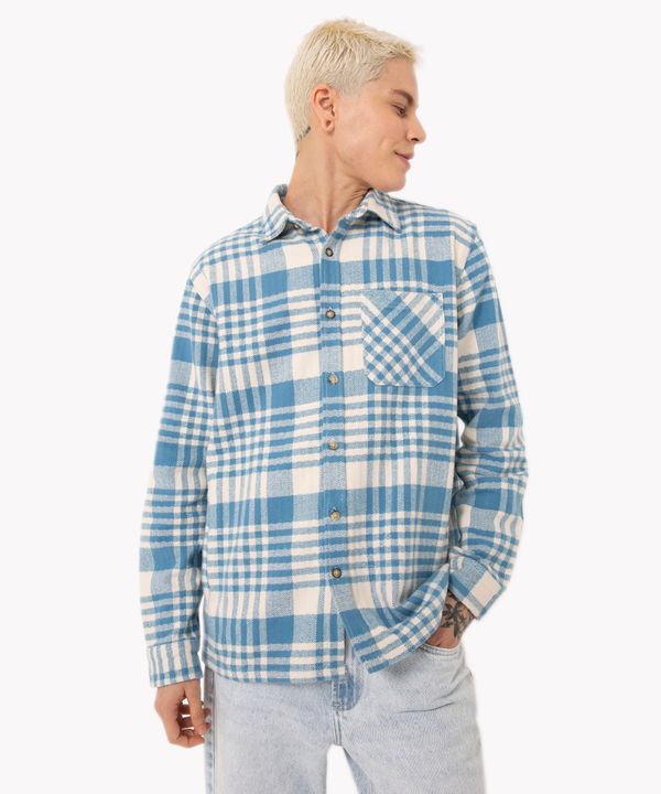 camisa de algodão flanelada xadrez manga longa azul PP