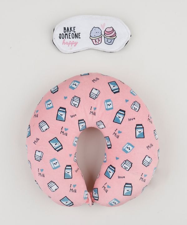 Kit de Apoio de Pescoço Estampado de Caixinha de Leite + Tapa Olho Rosa Único