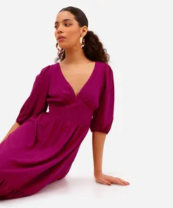 vestido midi feminino de viscose manga bufante com recorte rosa G