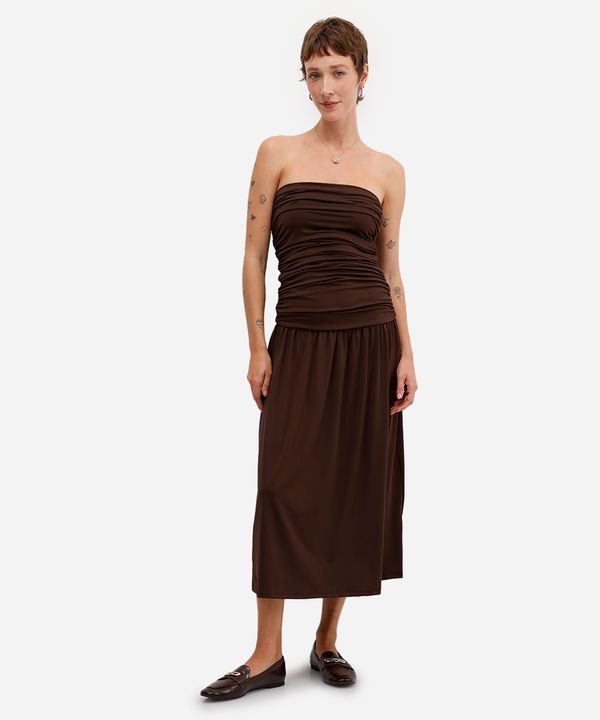 vestido midi feminino sem alça franzido marrom G