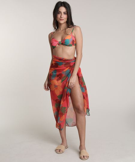 Canga Feminina Salinas Estampada Floral Vermelha Único