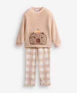 pijama longo infantil de fleece xadrez bege 2