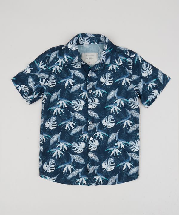 Camisa Infantil Estampada Floral Manga Curta Azul Marinho 8