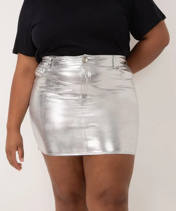 saia curta metalizada cintura alta plus size mindset prata 52
