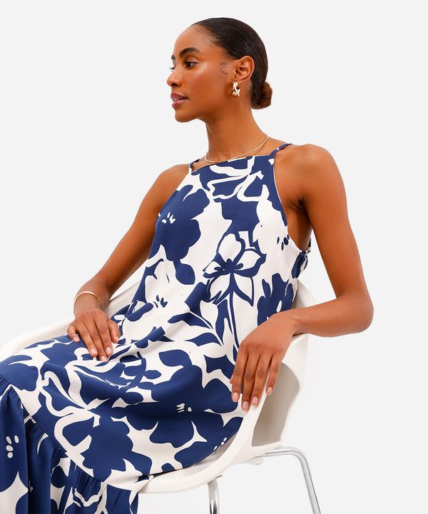 vestido midi feminino de viscose floral azul PP