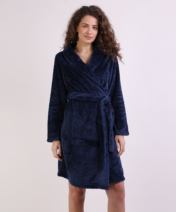 Roupão Feminino Texturizado de Plush Com Faixa para Amarrar Manga Longa Azul Marinho M