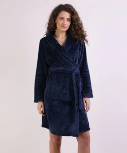 Roupão Feminino Texturizado de Plush Com Faixa para Amarrar Manga Longa Azul Marinho P