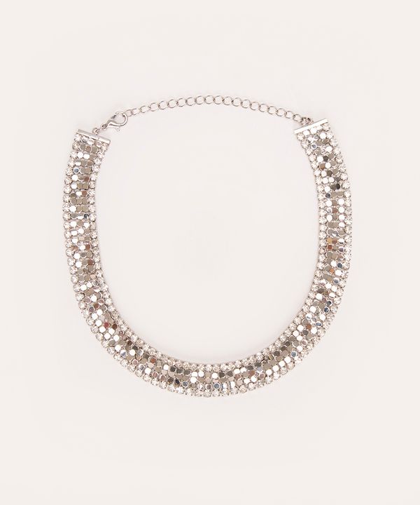 colar chocker com strass prata Único