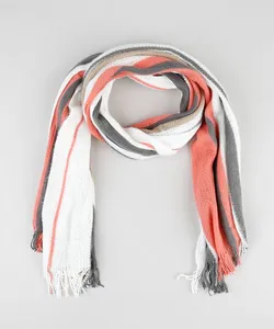 Cachecol Feminino Listrado com Franjas Coral Único