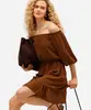vestido curto feminino texturizado manga bufante marrom M