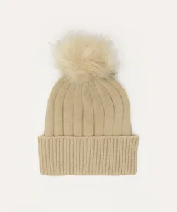 gorro de tricô com pompom bege UNICO