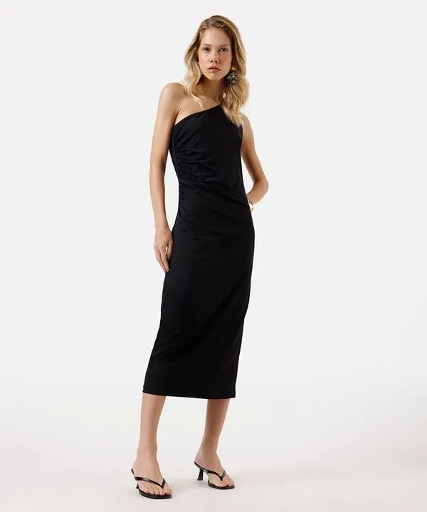 vestido midi feminino ombro único franzido - preto M