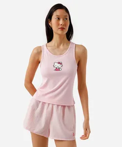 pijama short doll feminino hello kitty listrado rosa PP
