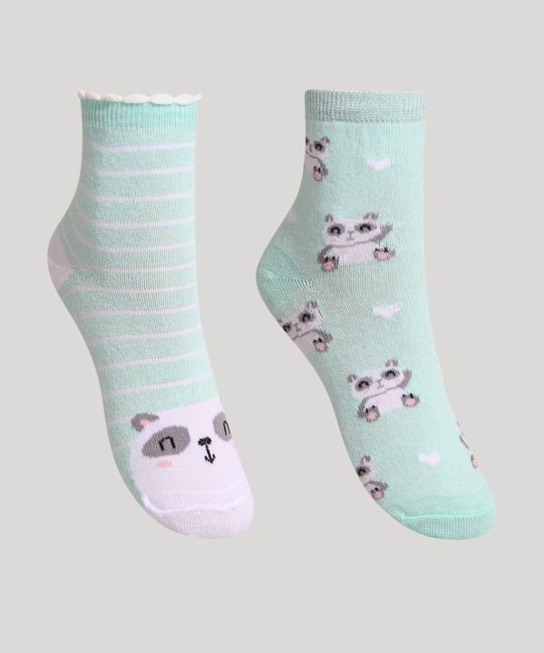 Kit de 2 Meias Infantis Cano Médio Panda com Listras Verde Água 30-33
