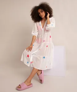 vestido midi saída de praia de chiffon manga bufante decote v estampado de estrelas branco G
