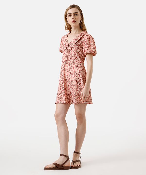 vestido curto feminino gola peter pan manga bufante floral rosa PP