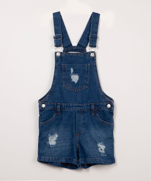 jardineira jeans infantil destroyed e bolsos azul médio 10