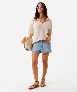 short feminino jeans cintura média com recortes azul 34