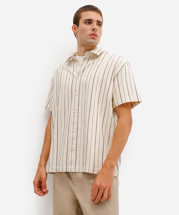 camisa masculina de algodão listrada texturizada bege M