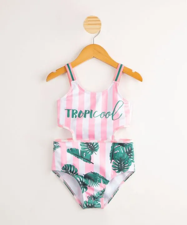 Maiô Infantil Tropicool Estampado Folhagens e Listrado Cut Out com Proteção UV50+ Multicor 10