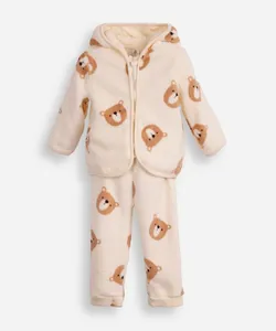 conjunto infantil longo de fleece com capuz ursinho off white 0-3