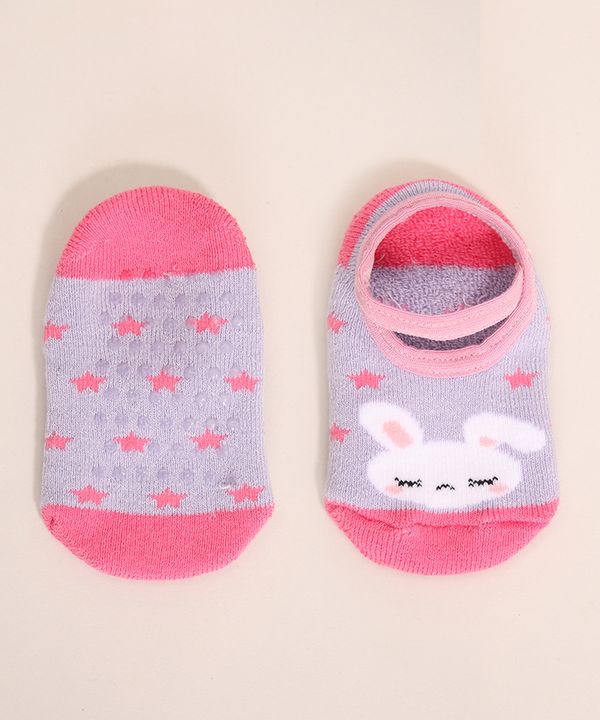 Meia Infantil Sapatilha com Elástico Coelho e Estrelas Antiderrapante Rosa 5-8